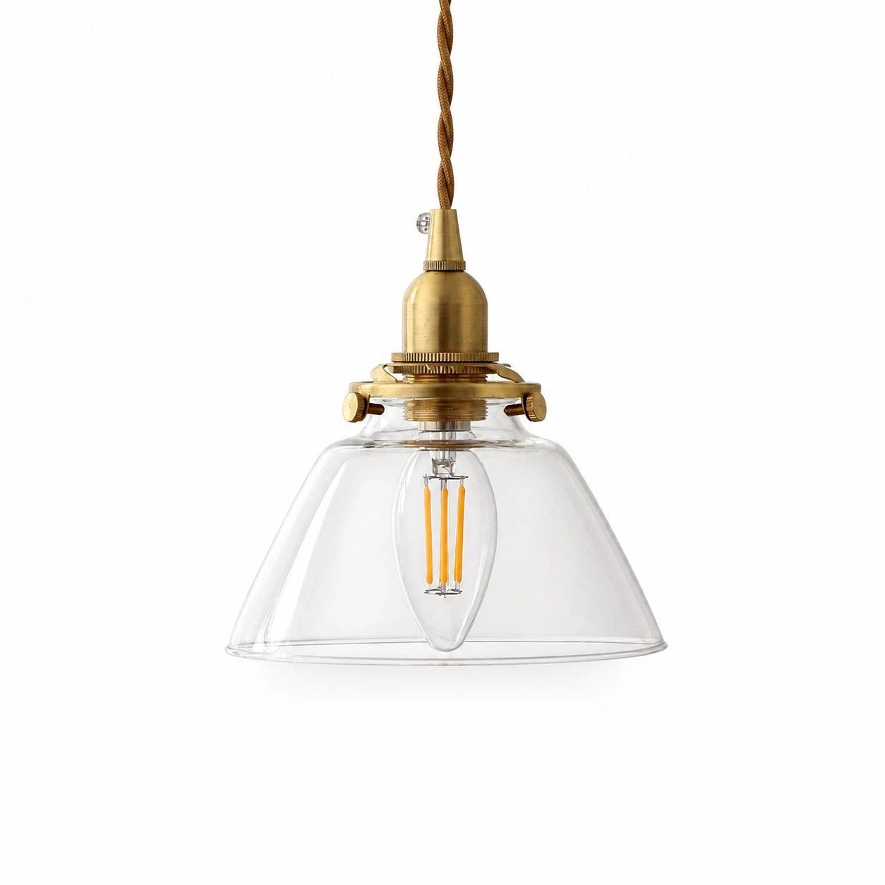 Clear smooth glass pendant light with brass-toned holder
