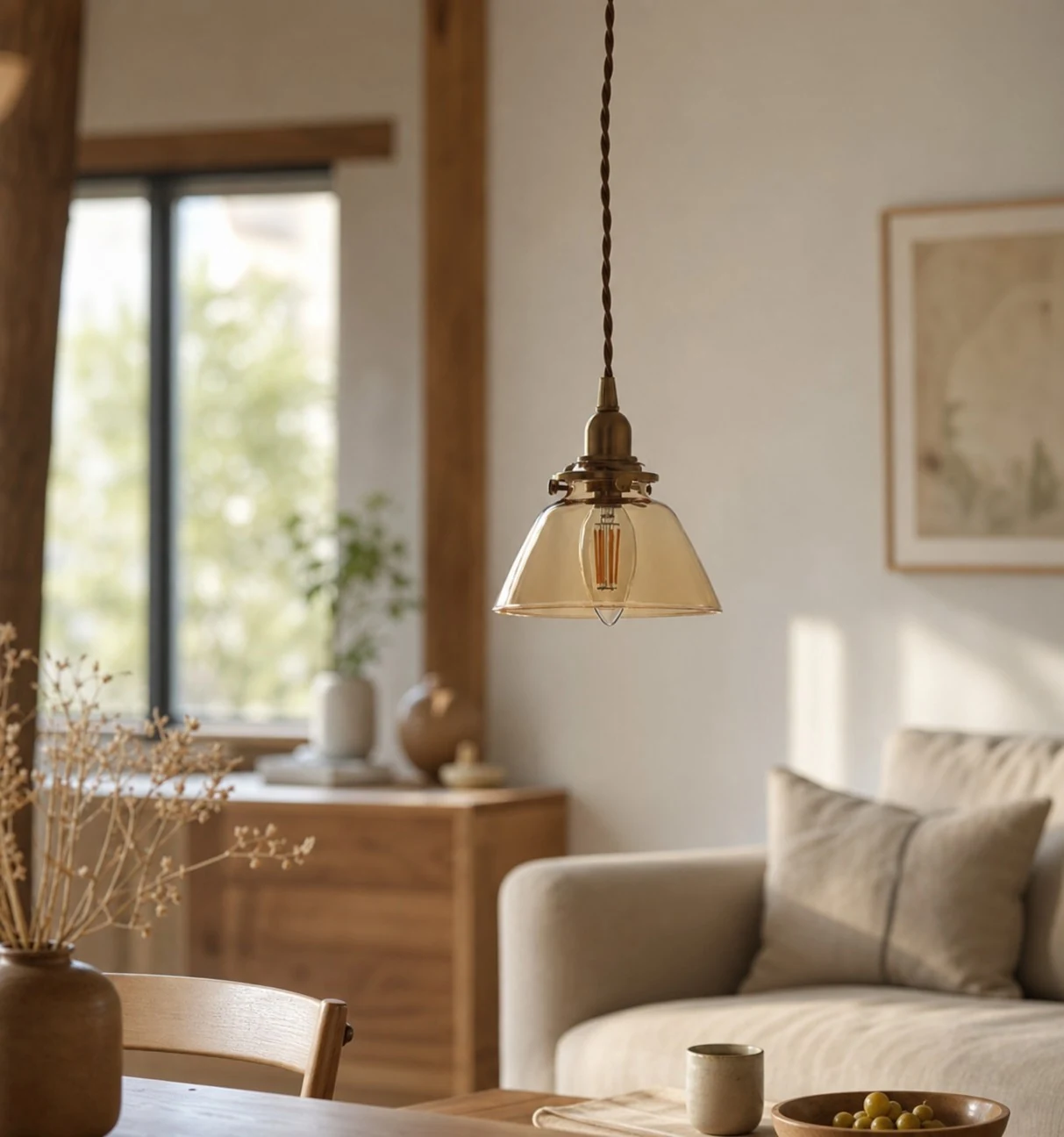 Amber smooth glass pendant light styled in a living room
