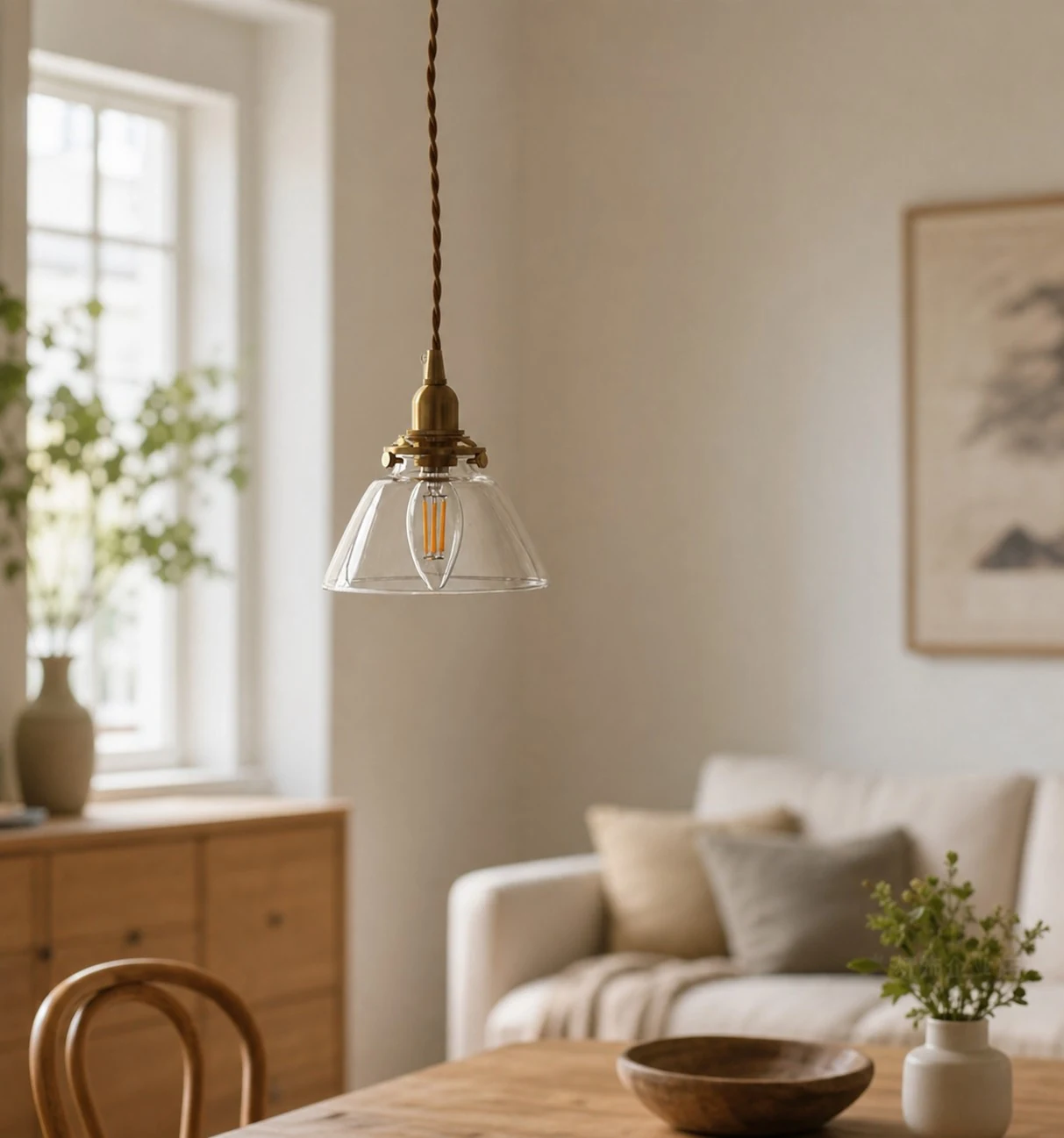 Clear smooth glass pendant light styled in a living room