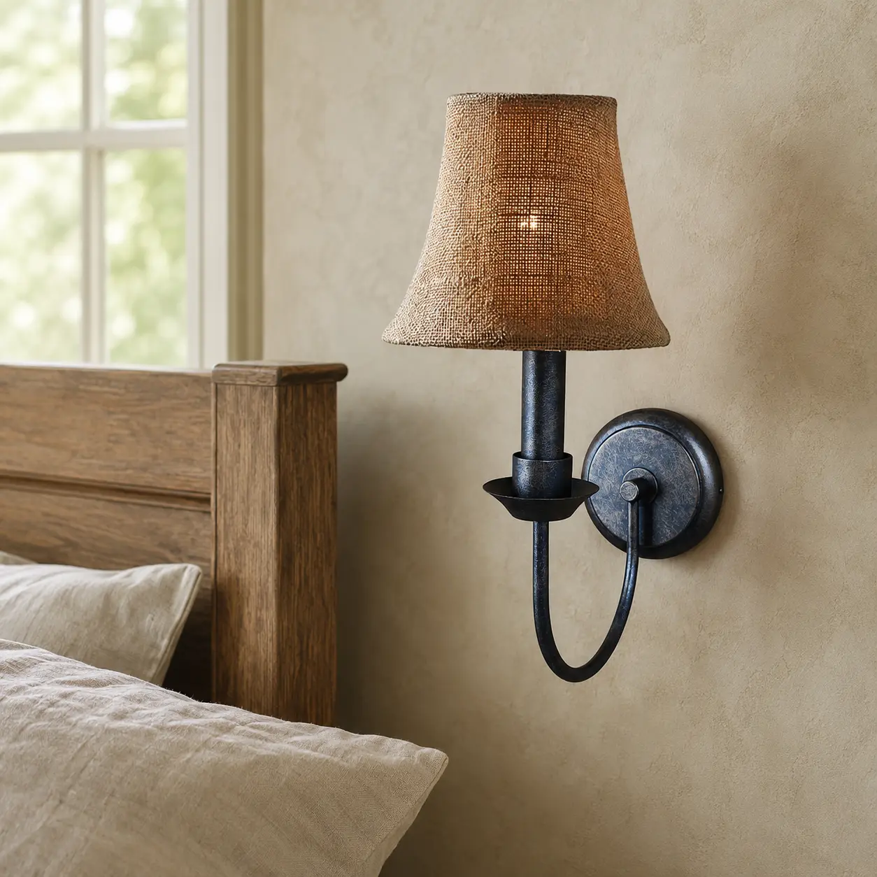 Antique linen wall sconce beside an oak bed