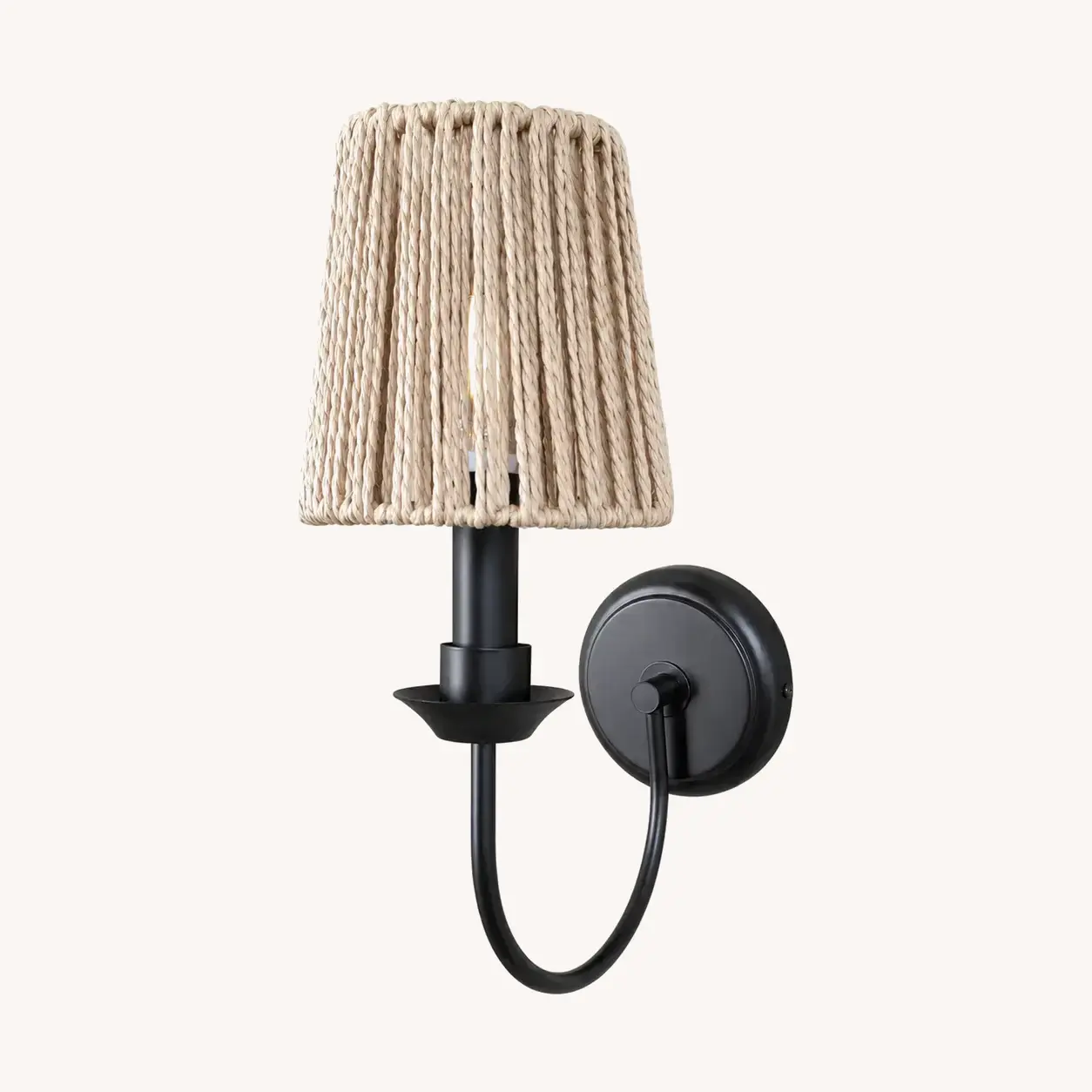 Matte black wall sconce with Style B woven shade
