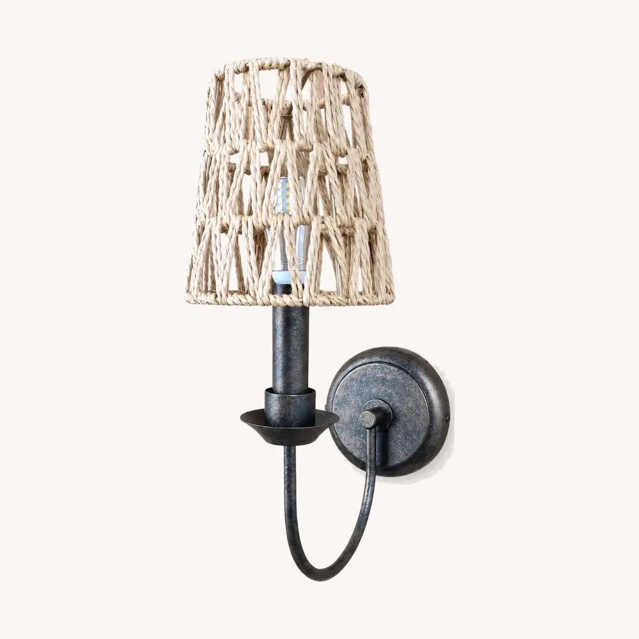 Antique finish wall sconce with Style C open woven shade
