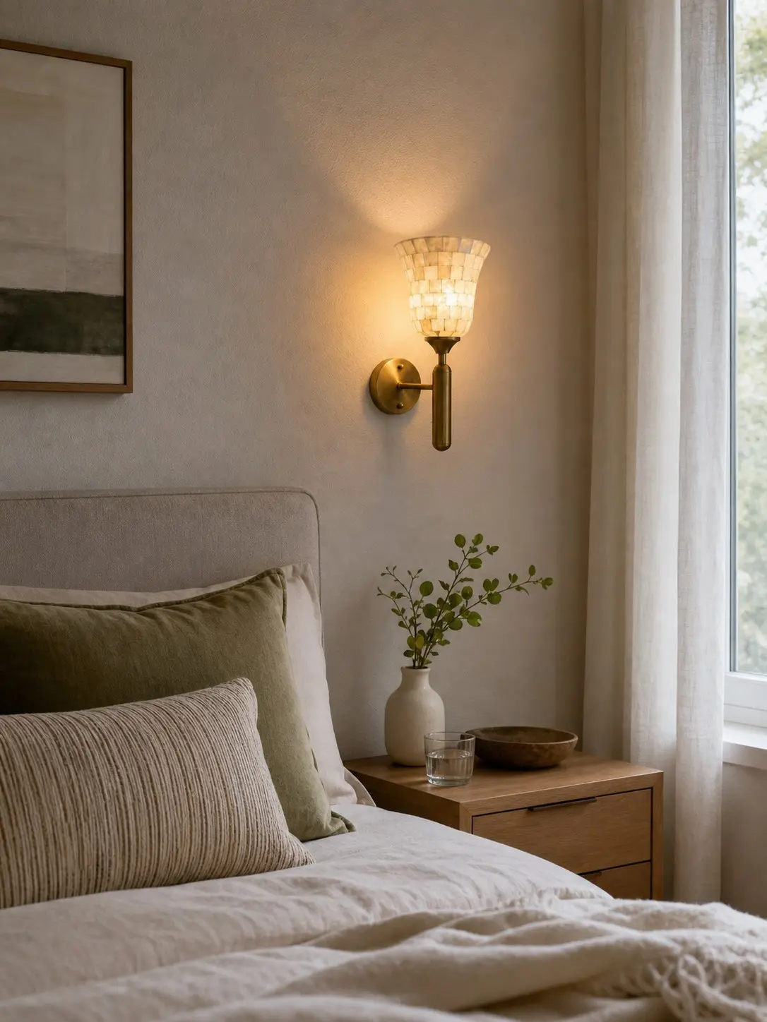 Antique brass shell wall sconce beside a bedroom