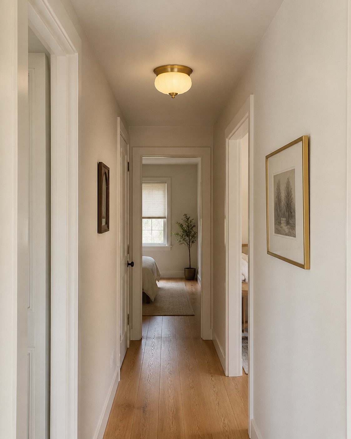 Low-profile brass ceiling light in a hallway