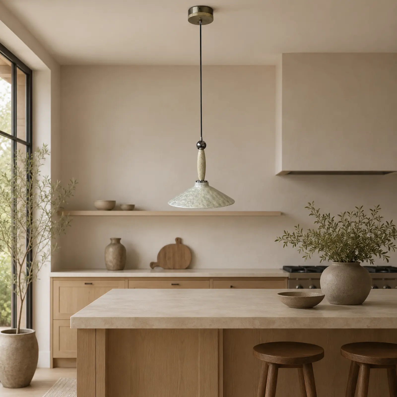 Mother-of-pearl and travertine pendant light above a warm Japandi kitchen island
