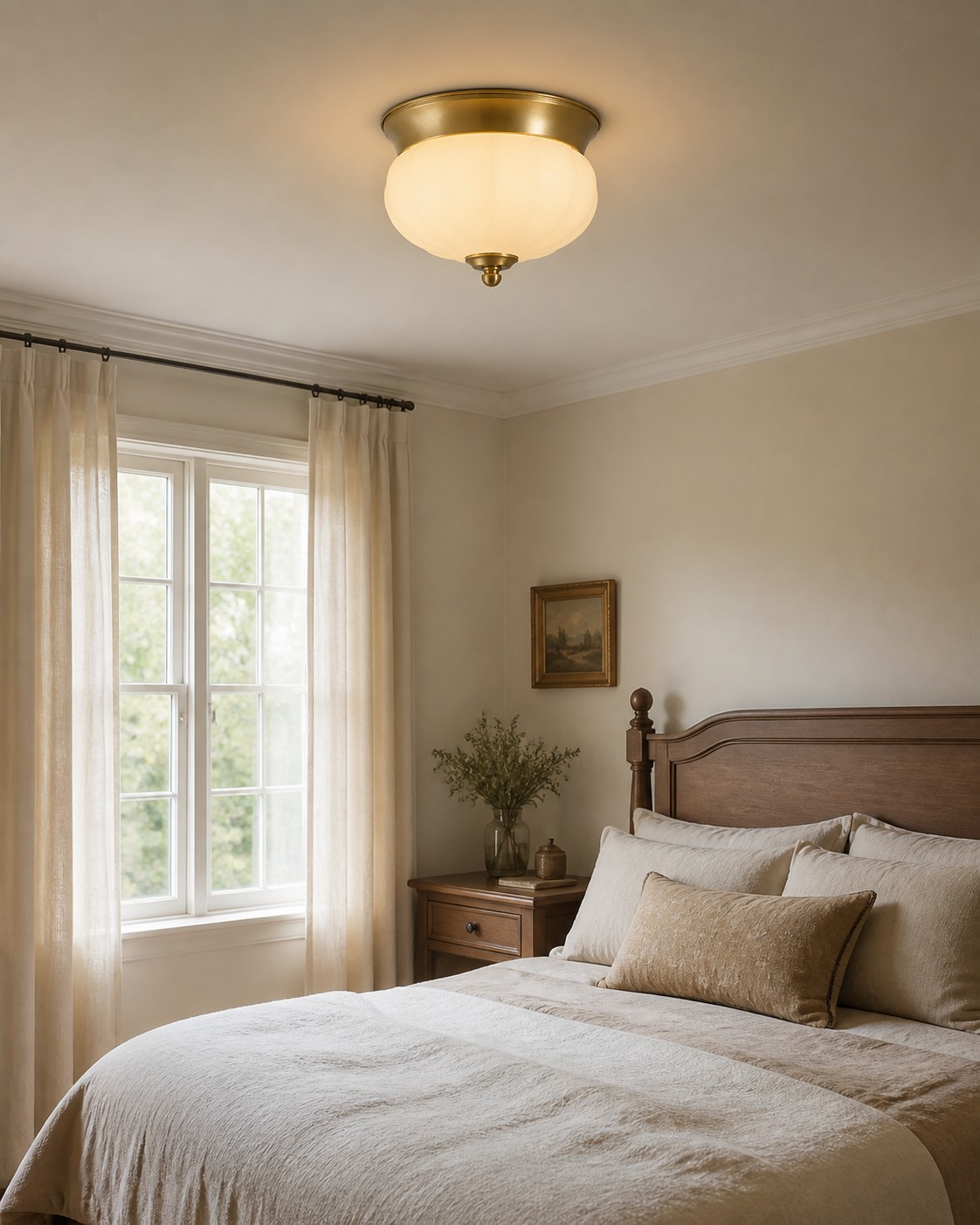 Opal glass ceiling light in a warm bedroom