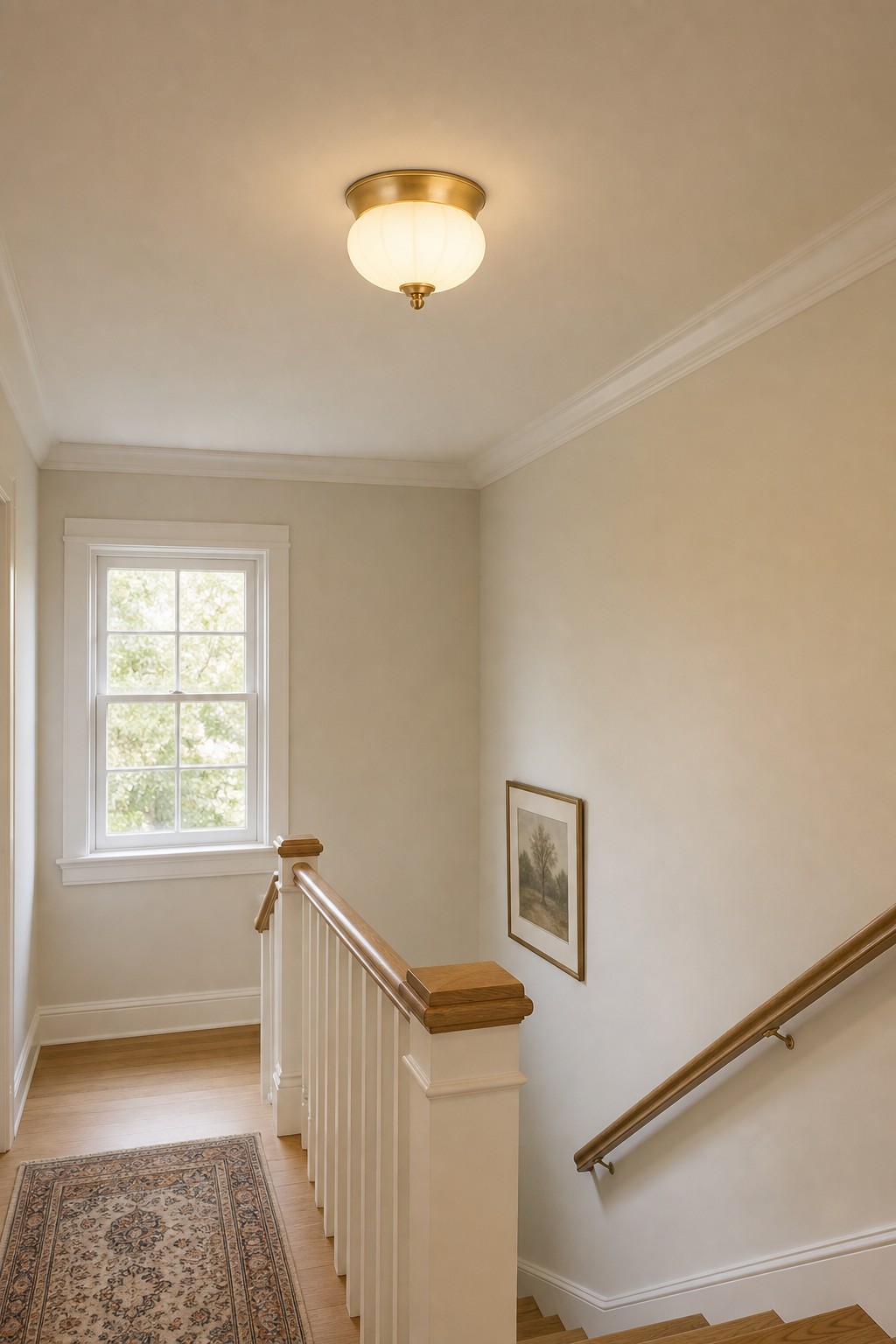 Low-profile ceiling light at a stairway landing