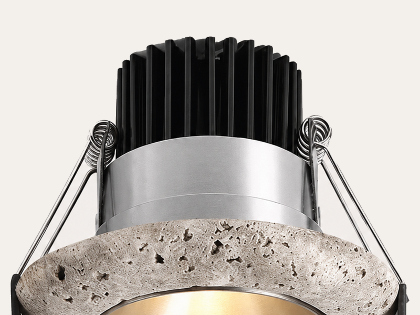 Close-up of aluminum heat sink and recessed mounting springs