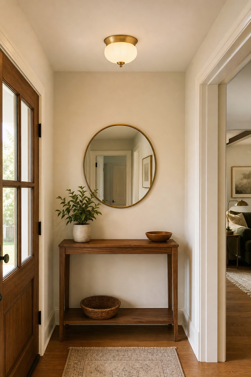 Compact brass ceiling light in an entryway