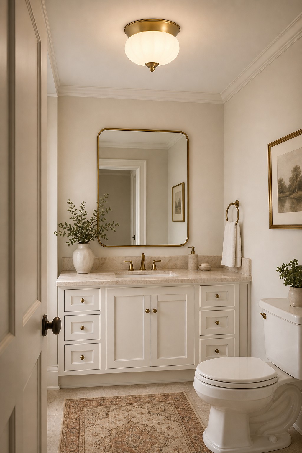 Compact brass ceiling light in a bathroom dry area