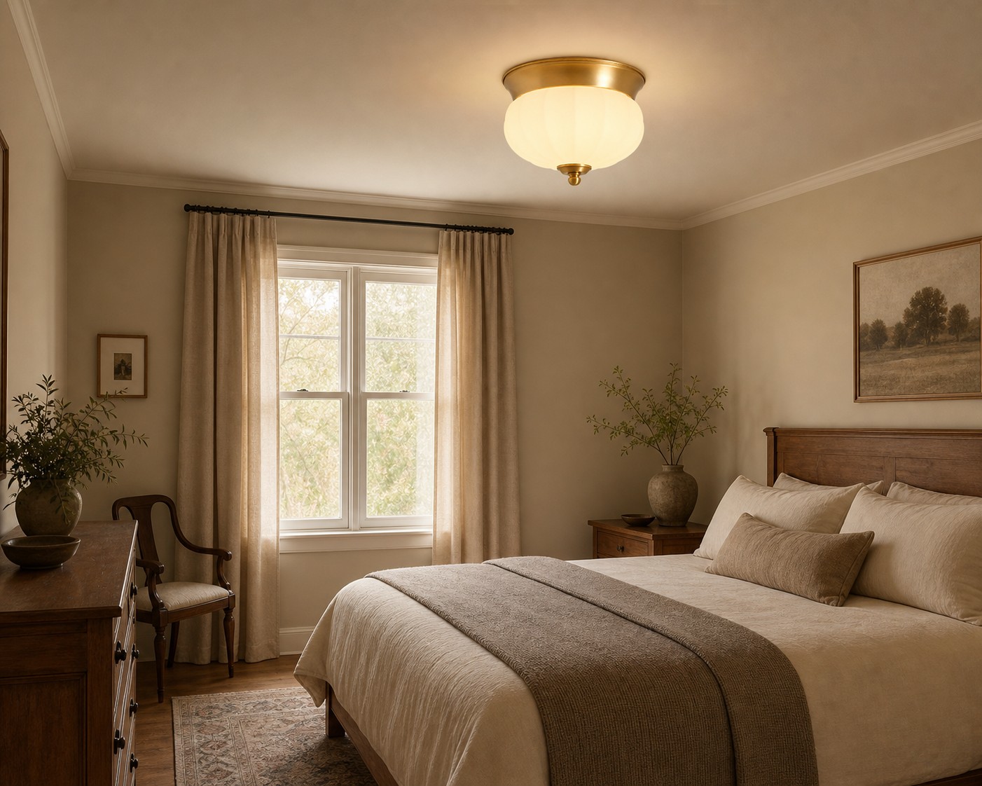 Brass and opal glass ceiling light in a warm interior