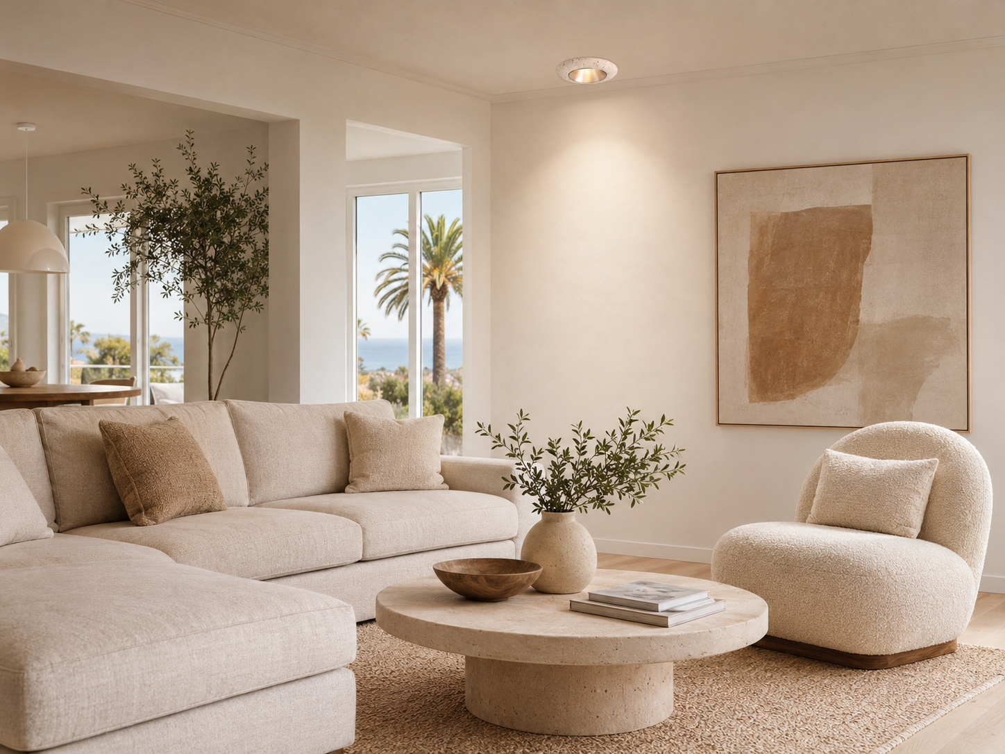 Yellow travertine downlight in an organic modern American living room