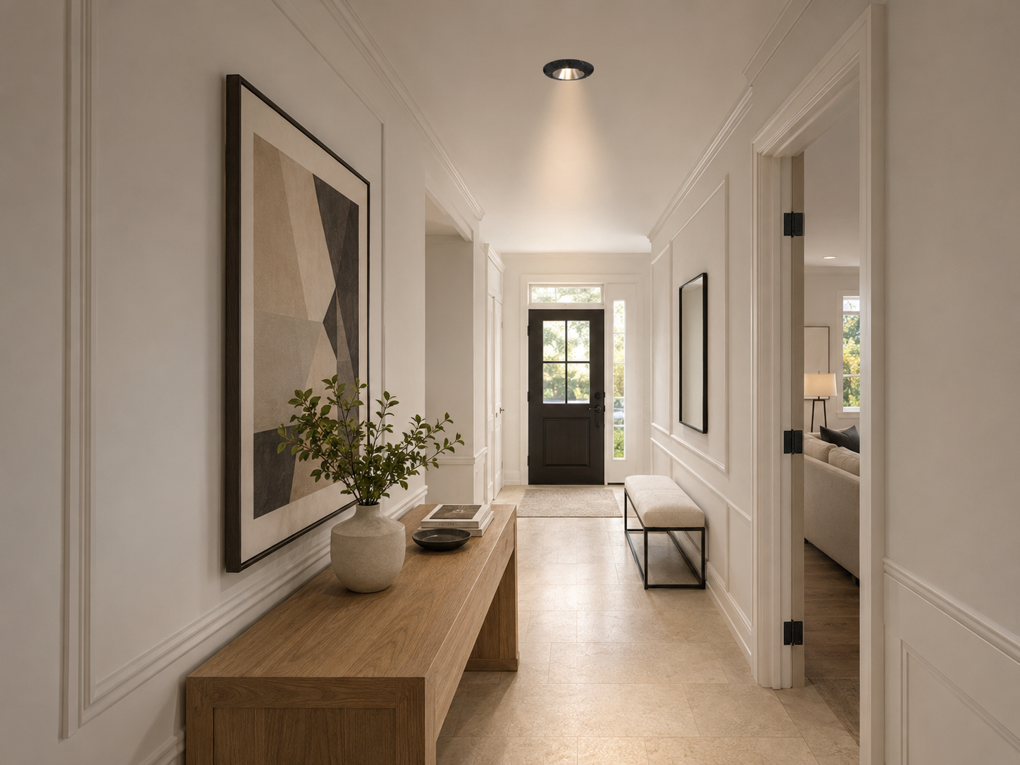 Black travertine downlight in an American transitional entry hallway