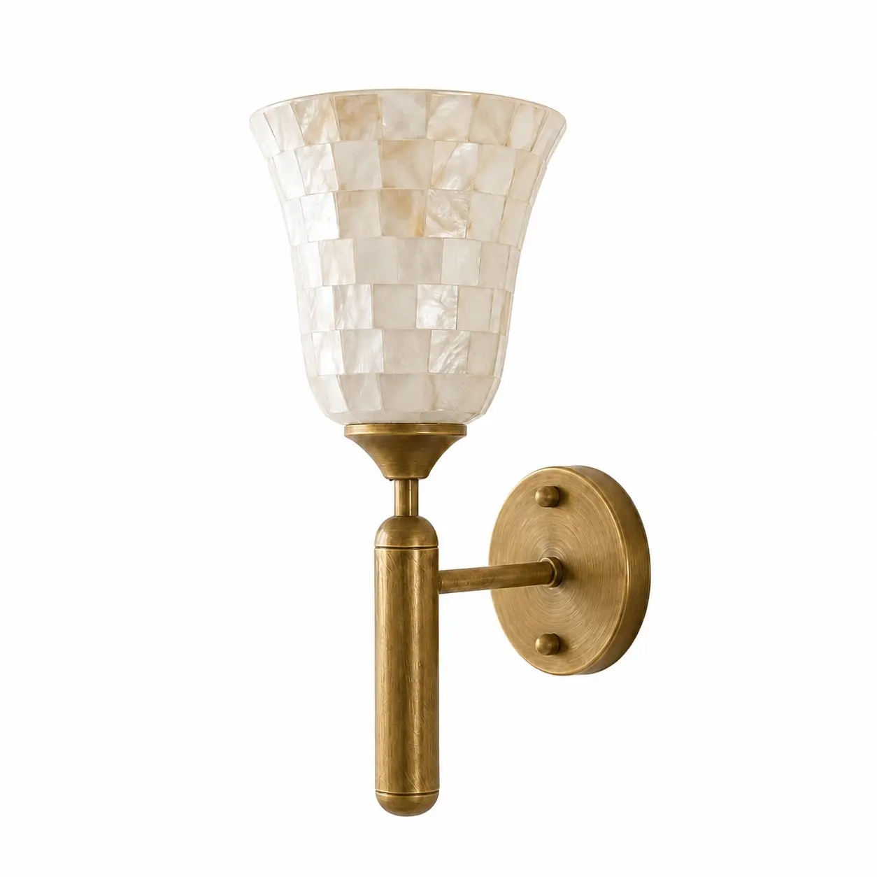 Antique brass wall sconce with white shell mosaic shade
