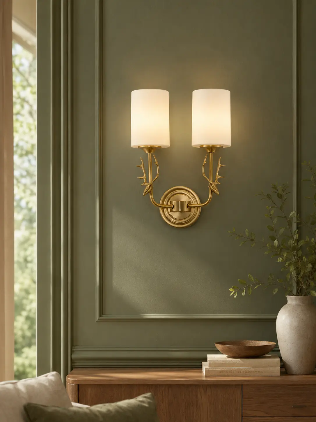 Double-light antler wall sconce on a forest-green living room wall