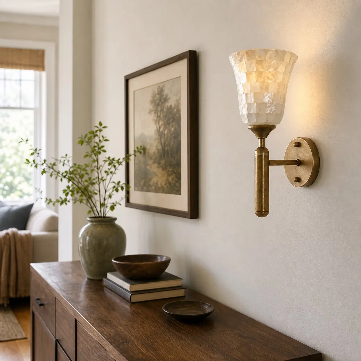 Mother of pearl wall sconce in living room
