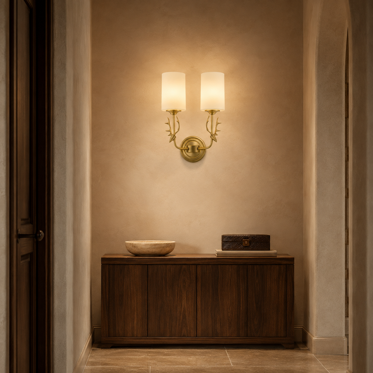 Style A double-light antler wall sconce in a refined hallway