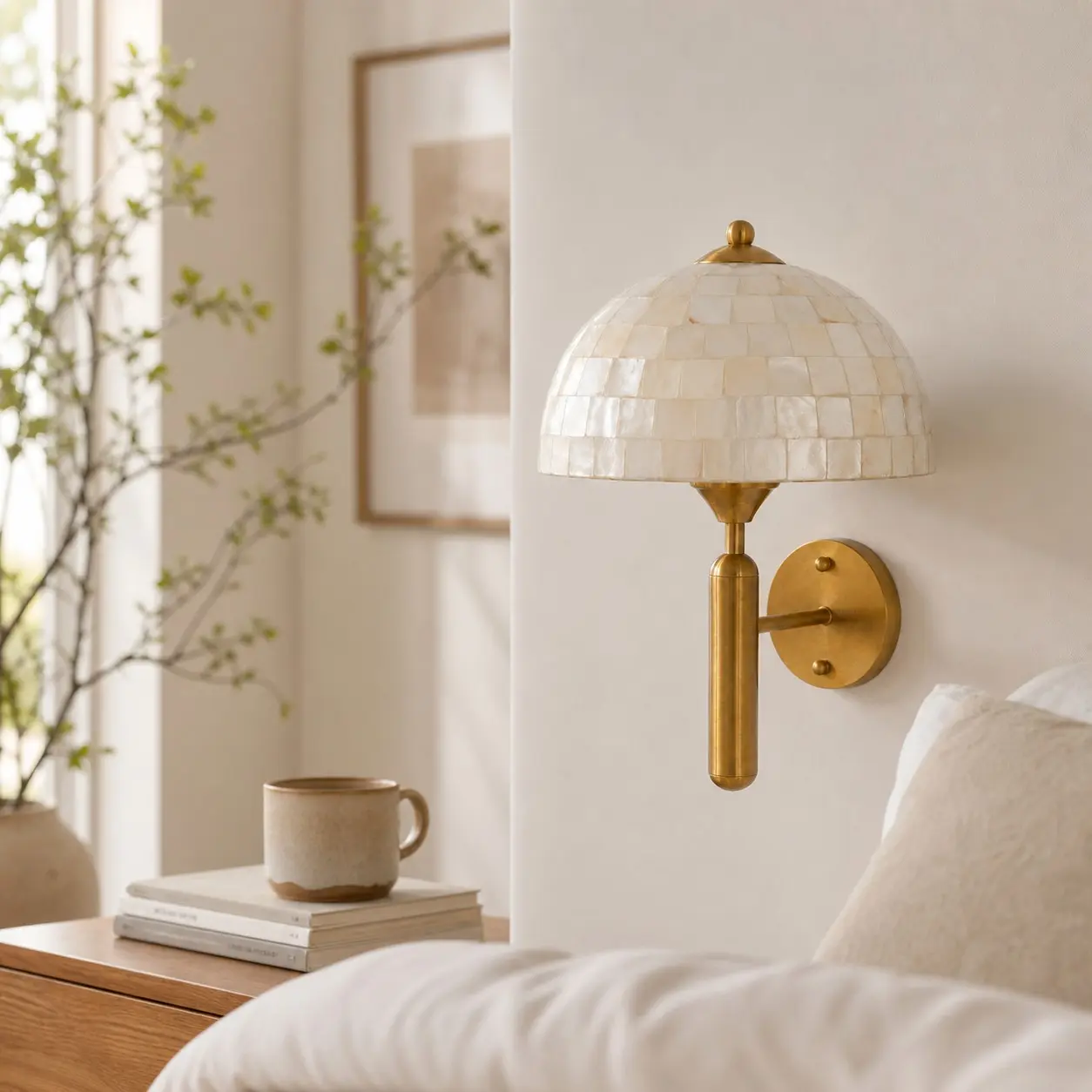 Antique brass mother-of-pearl wall sconce beside a bed
