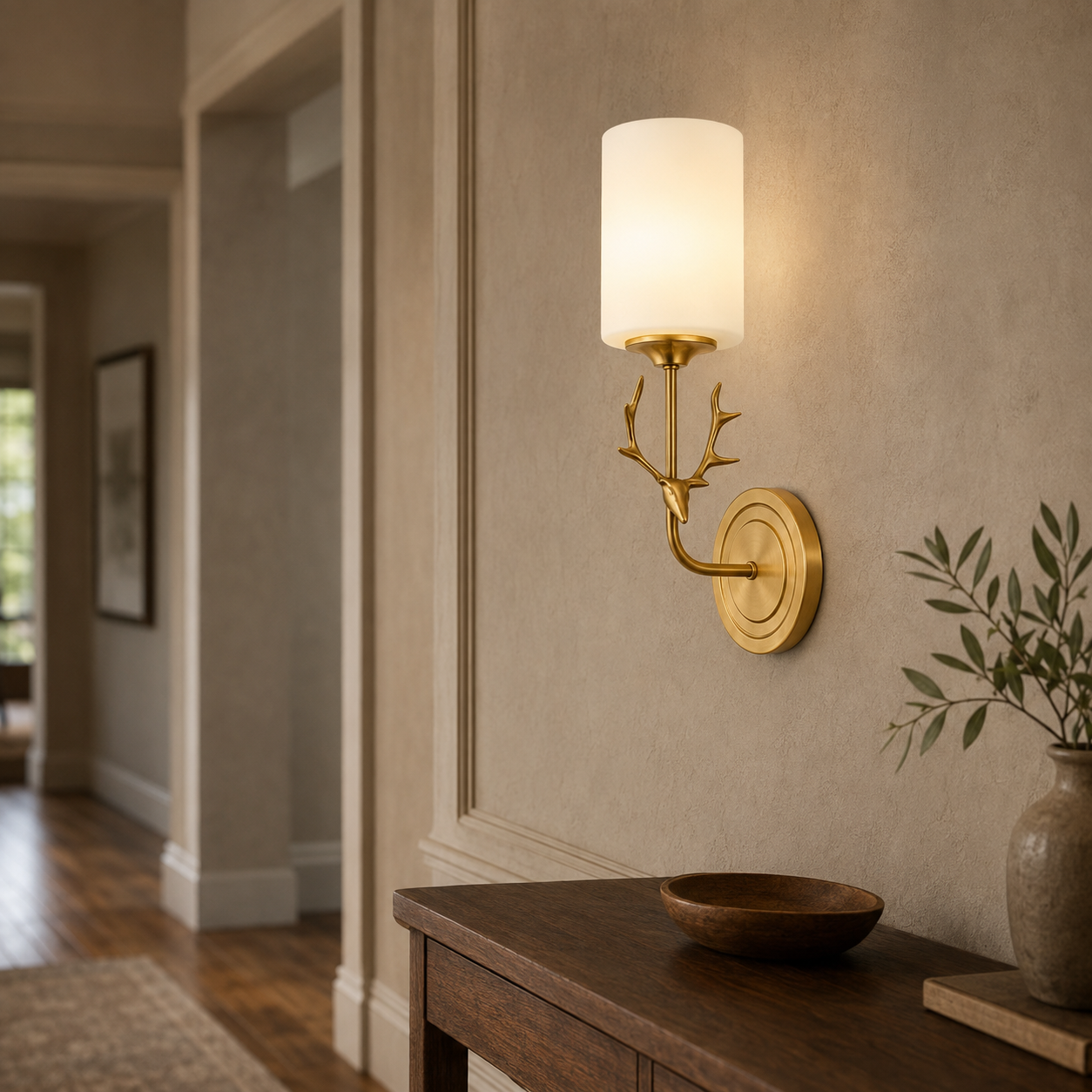 Style A single-light antler wall sconce in an American hallway