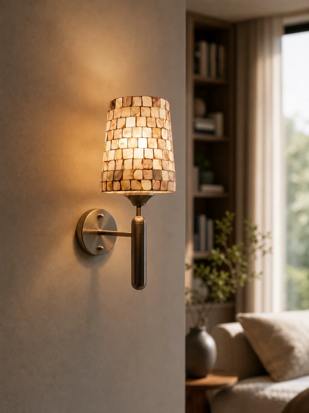 Mother of pearl wall sconce glowing in a warm living room