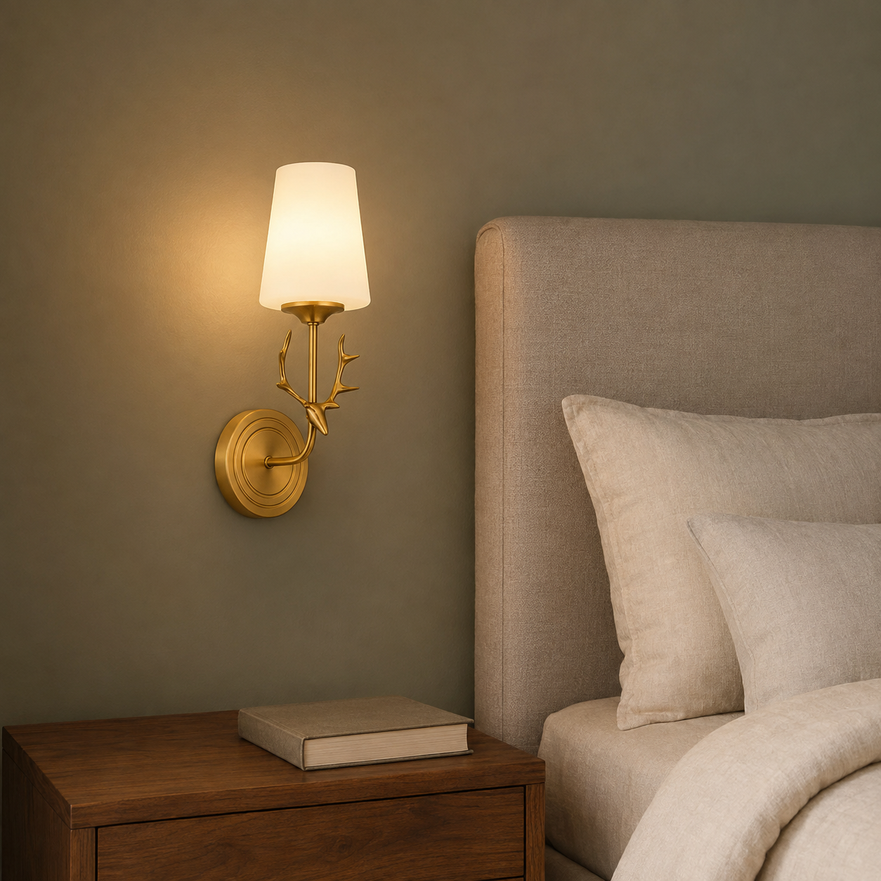 Style B single-light antler wall sconce in a warm bedroom
