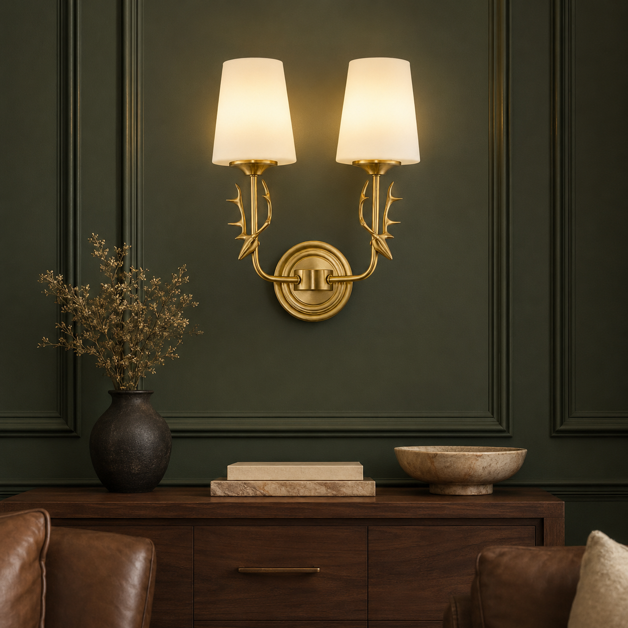 Style B double-light antler wall sconce in a forest-green boutique lounge