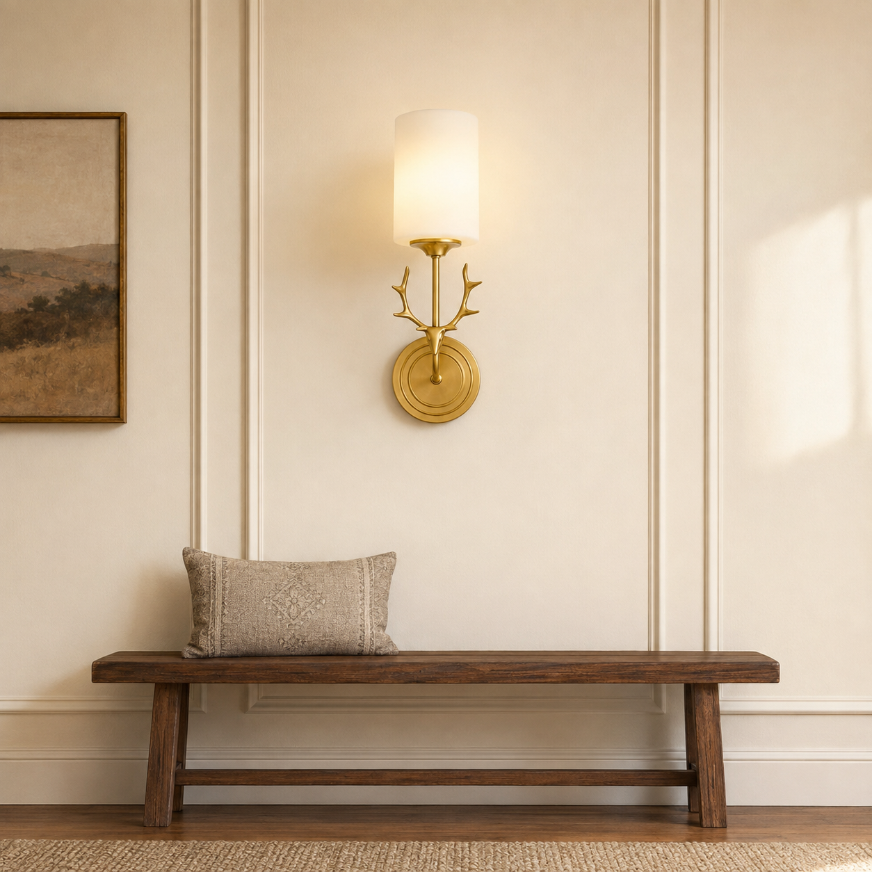 Style A single-light antler wall sconce in a paneled entryway above a wood bench