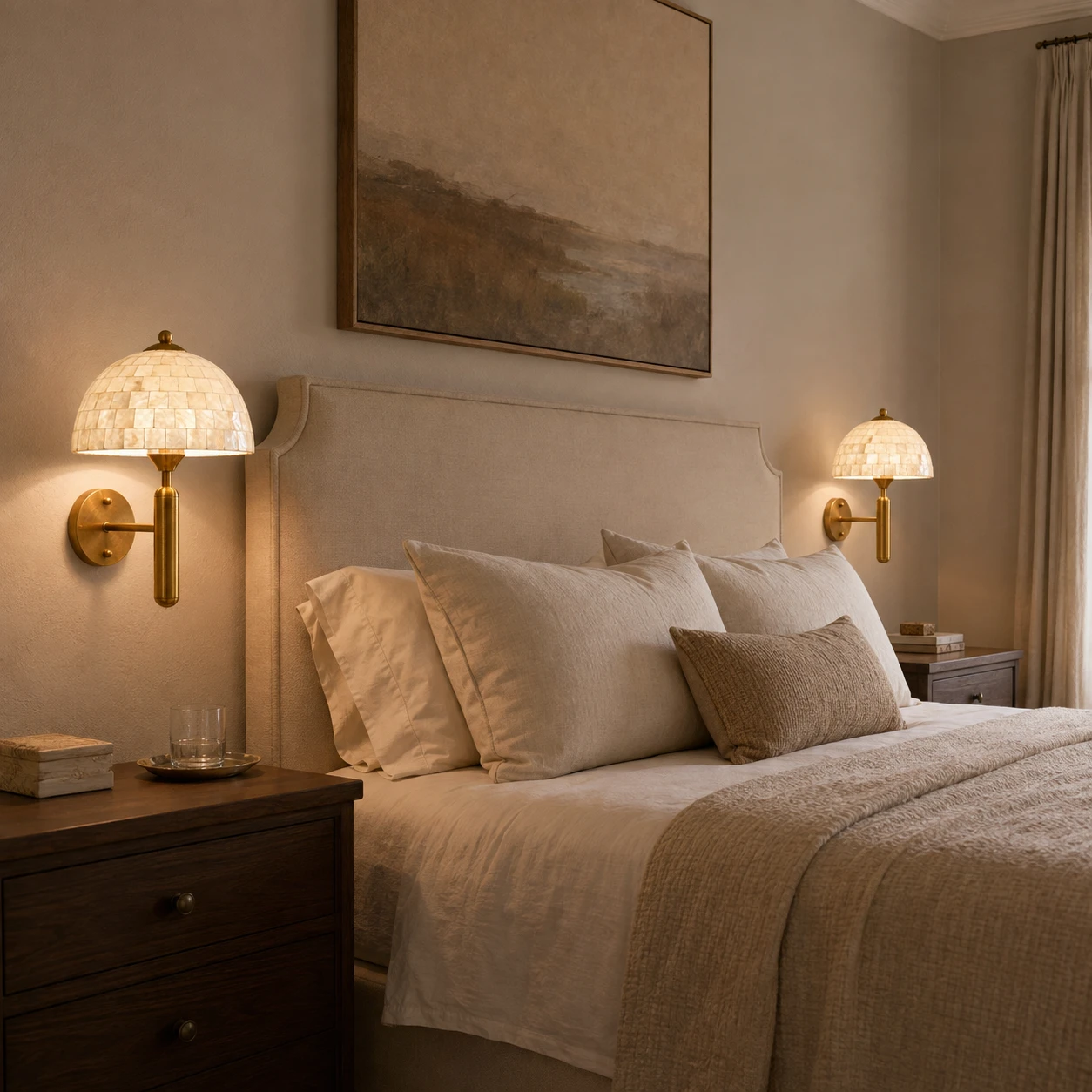 Pair of antique brass mother-of-pearl wall sconces beside a bed