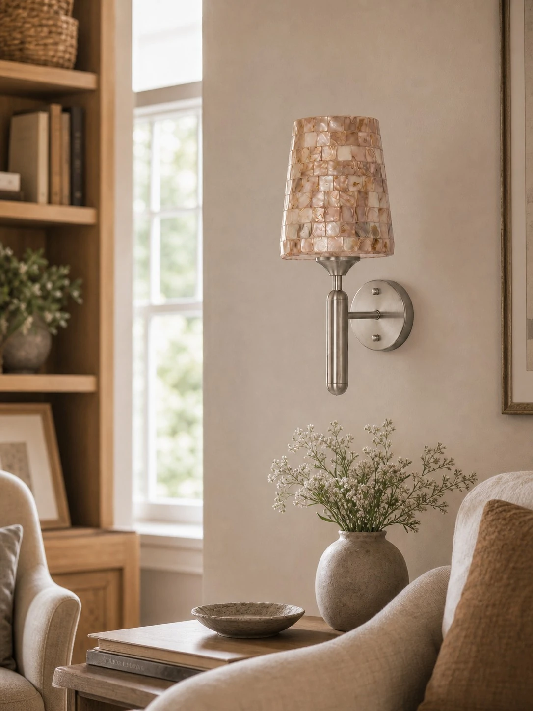 Shell mosaic wall sconce in a softly lit living room