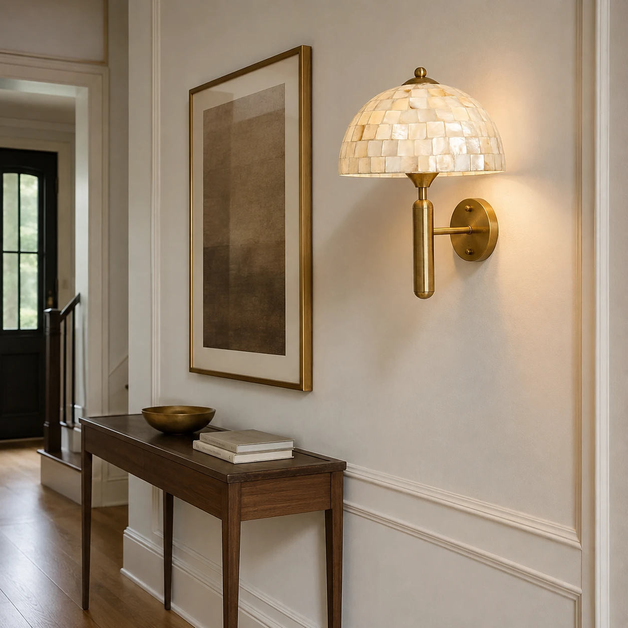 Antique brass mother-of-pearl wall sconce in a refined entryway