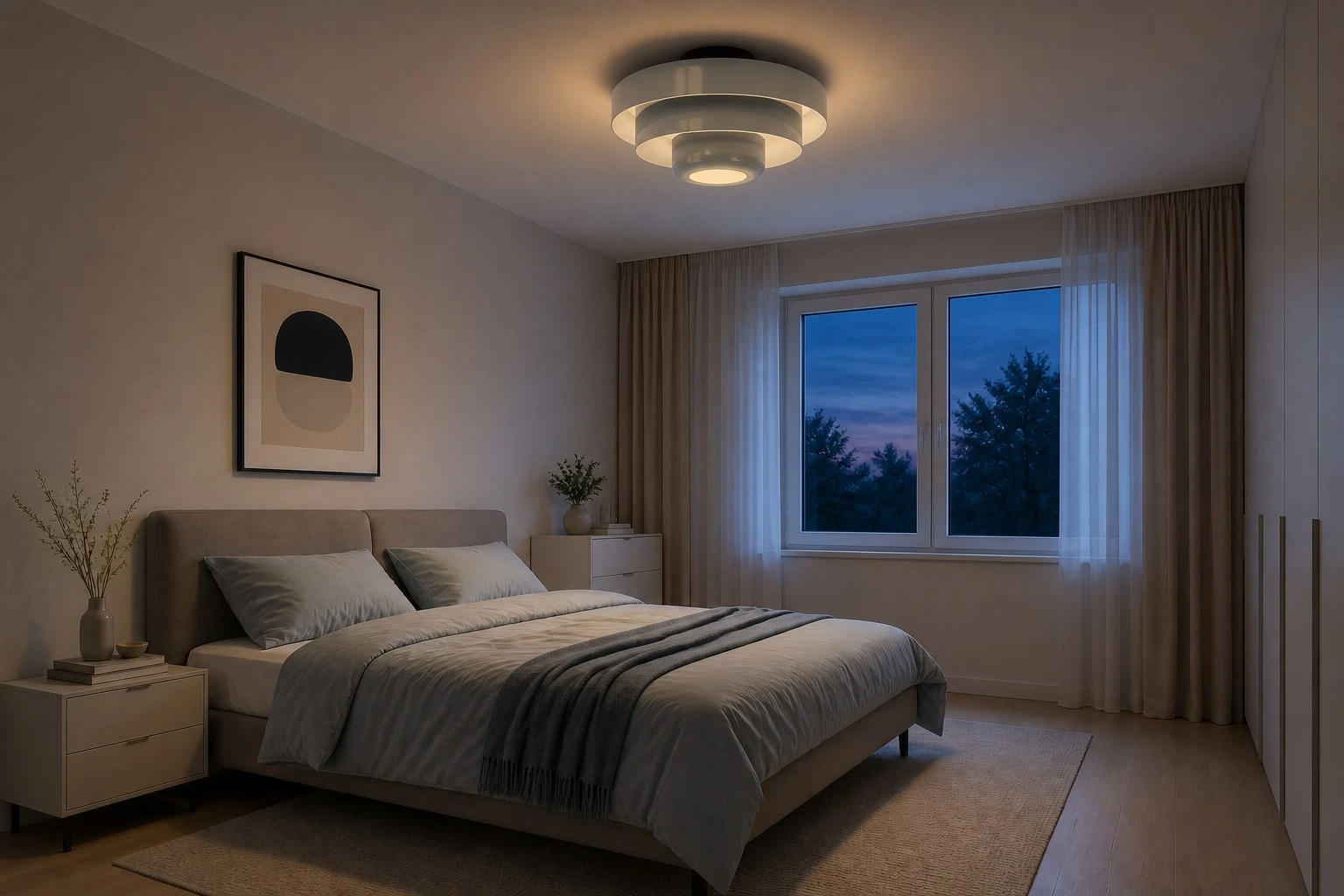 Bedroom, evening with light on