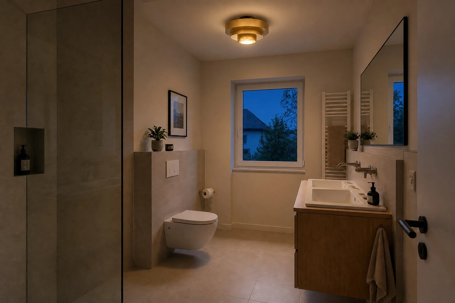 Bathroom, evening with light on