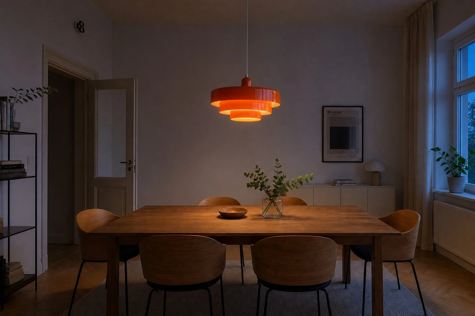 Dining Table, evening with light on