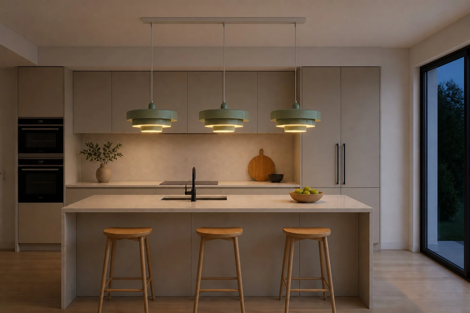 Kitchen Island, evening with light on