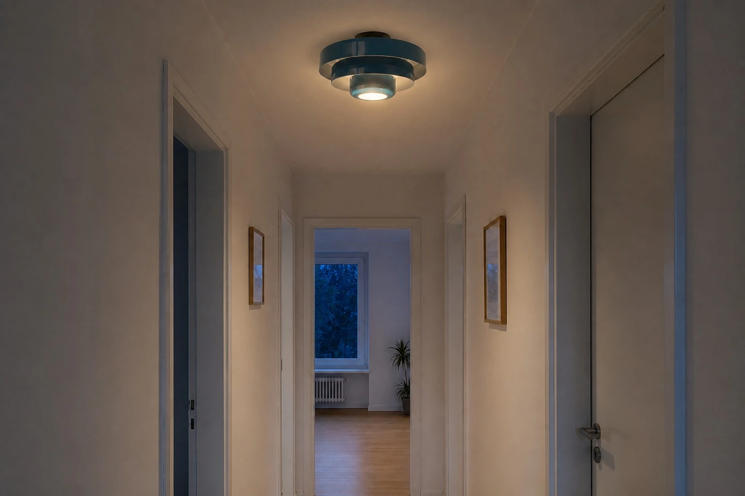 Hallway, evening with light on