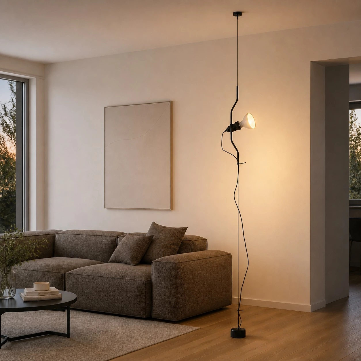 Lámpara negra ajustable de un cabezal junto a un sofá modular